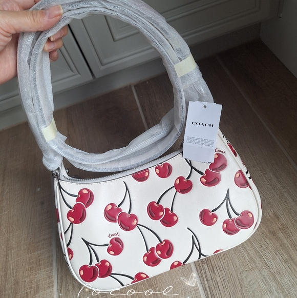 Coach Teri Shoulder Bag In Signature Canvas With Cherry Print Pink Cherry Charm - Picture 2 of 15